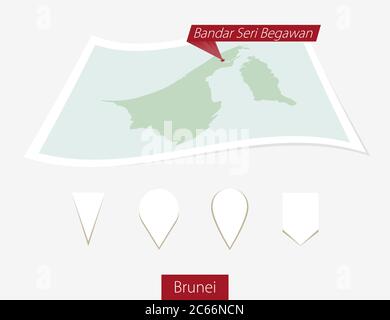 Carte papier courbe du Brunei avec la capitale Bandar Seri Begawan sur fond gris. Quatre différents jeux de broches de carte. Illustration vectorielle. Illustration de Vecteur