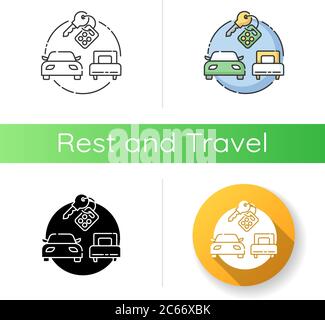 Icône de visite guidée du forfait. Styles de couleur linéaire noir et RVB. Budget tourisme, location de voitures. Service d'agence de tourisme, partage de voitures. Voyage de vacances. Automobiles a Illustration de Vecteur