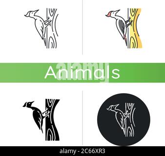 Icône pic. Styles de couleur linéaire noir et RVB. Oiseau commun, habitant de forêt, créature boisée volante. Zoologie, ornithologie. Pecker assis Illustration de Vecteur