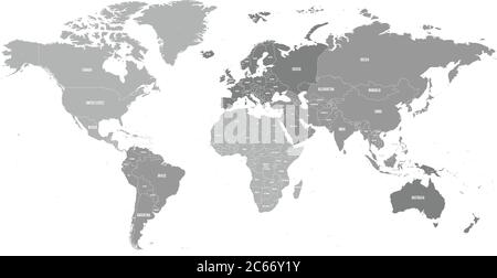 Carte du monde. Carte politique divisée en six continents : Amérique du Nord, Amérique du Sud, Afrique, Europe, Asie et Australie. Illustration vectorielle en nuances de gris avec des étiquettes de nom de pays. Illustration de Vecteur