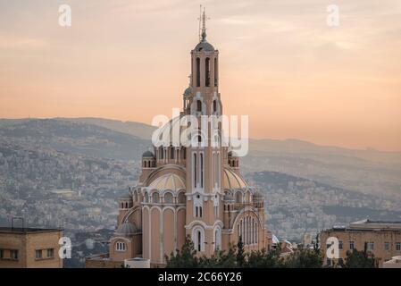 Style byzantin basilique grecque catholique de Saint Paul dans la municipalité de Harissa-Daraoun au Liban, vue du sanctuaire notre-Dame du Liban Banque D'Images