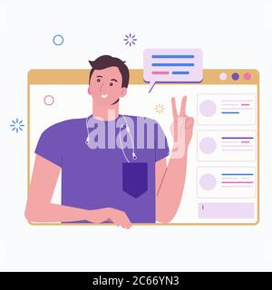 Fenêtre de lecteur vidéo avec des messages de discours de type parler et bulle sur le bureau. Illustration de dessin animé à plat vectoriel pour les sites Web et la conception de bannières isola Illustration de Vecteur