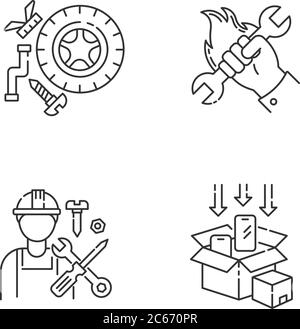 Jeu d'icônes linéaires Perfect pixel de travail industriel. Pièces de rechange, main-d'œuvre, emballage de produits symboles de contour mince personnalisables. Vecteur isolé ou Illustration de Vecteur