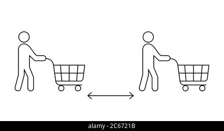 Gardez une distance de sécurité dans un panneau de supermarché. Deux personnes poussent l'icône de la ligne du panier. Clients à l'épicerie. Prévenir Covid-19. Contour noir Illustration de Vecteur