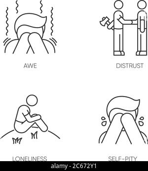 Les émotions négatives et les mauvais sentiments pixel parfait icônes linéaires ensemble. Symboles de contour de ligne mince personnalisables. Méfiance, solitude, admiration, pitié de soi. Isola Illustration de Vecteur