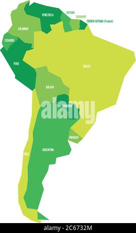 Carte politique infographique très simplifiée de l'Amérique du Sud en couleurs vertes. Illustration de vecteur géométrique simple. Illustration de Vecteur