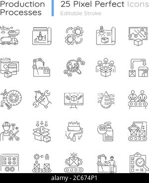 Ensemble d'icônes linéaires pixel Perfect de processus de production. Symboles de contour de ligne mince personnalisables dans l'industrie manufacturière. Développement de produits commerciaux. Isol Illustration de Vecteur