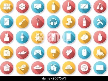 E commerce services plat design long ombre glyphe icônes ensemble. Appareils électroniques. Soins personnels. Jouets pour enfants. Nourriture pour animaux de compagnie. Mode et maquillage. S Illustration de Vecteur