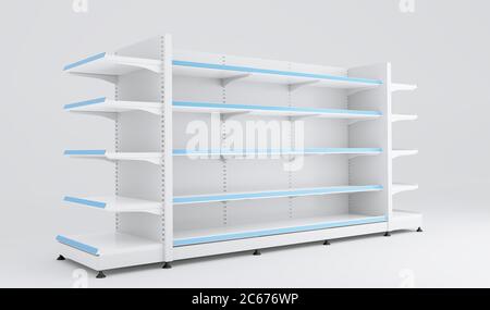 Vider le supermarché du magasin, les porte-aliments. illustration 3d. Design de tablette de vente au détail vierge, rendu. Maquette de vitrine de magasin. Banque D'Images