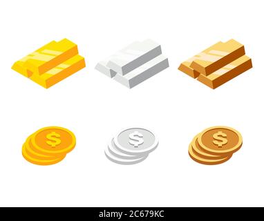 Ensemble de barres et de pièces de monnaie de style isométrique. Barres d'or, d'argent et de bronze ou lingot et pièces de monnaie. Illustration vectorielle Illustration de Vecteur