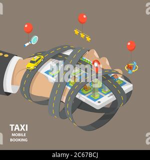 Taxi mobile réservant plat isométrique faible poly vecteur concept. Illustration de Vecteur