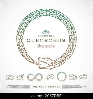 Résumé Vector Infinite Ouroboros Snake Symbol, Sign ou un constructeur de logo en style ligne. Queues pour les faire des formes. Cinq têtes différentes et deux Illustration de Vecteur