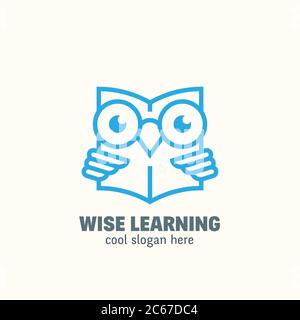 Modèle de logo vectoriel style ligne Smart Education. Emblème d'apprentissage. Outline Wise Owl Reading Book concept avec Typographie. Illustration de Vecteur