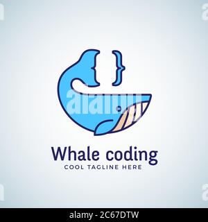 Emblème, étiquette, modèle de logo pour vecteur abstrait de codage des baleines. Queue comme symbole ou icône de concept de brace de curly. Conception de style de ligne. Illustration de Vecteur