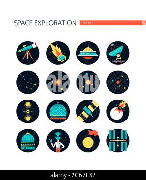 Exploration de l'espace - icônes colorées de style de conception plate Illustration de Vecteur