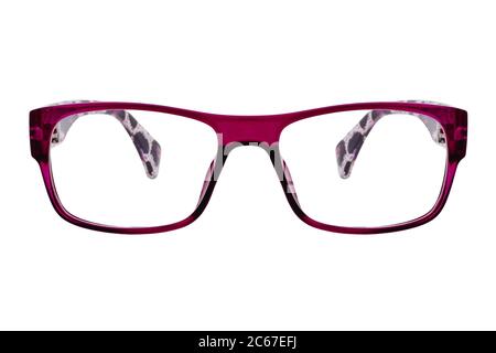 Lunettes violettes avec verres transperents isolées sur fond blanc Banque D'Images