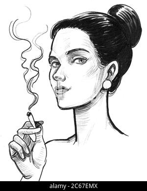 Jolie femme fumant de la marijuana joint. Dessin noir et blanc Banque D'Images