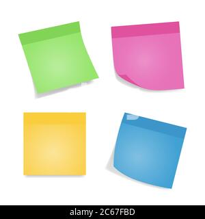 Notes adhésives. Quatre feuilles de papier à notes colorées isolées sur fond blanc. Couleurs et ombres différentes. Illustration de Vecteur