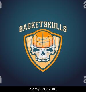 Modèle de logo de basket-ball vectoriel en forme de crâne de panier. Emblème d'équipe sportive ou de championnat. Affiche de la Ligue universitaire. Illustration de Vecteur