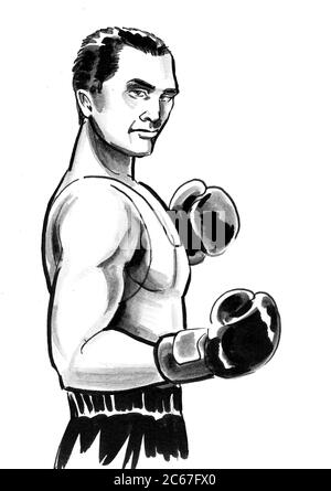 L'athlète de boxe. Dessin noir et blanc Encre Banque D'Images