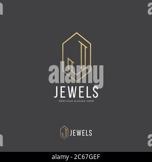 Modèle de logo vectoriel de bijoux abstraits. Lettre J dessinée à la main incorporée en forme de diamant ou de cristal. Dégradé d'or et typographie moderne. Dans l'obscurité Illustration de Vecteur