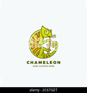 Caméléon sur la branche dans une forme de cercle. Modèle de signature, d'emblème ou de logo abstrait Vector Line style. Symbole de reptile. Illustration de Vecteur