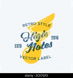 High Notes Abstract Vintage Vector Emblem, Label ou logo Template. Remarque avec la silhouette des ailes. Musique concept créatif. Illustration rétro Illustration de Vecteur