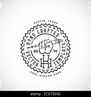 Modèle de logo vectoriel abstrait rétro fait main. Poing avec symbole d'aiguille, filetage et Typographie ancienne. Illustration de Vecteur