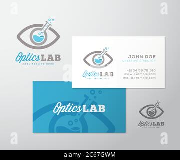 Modèle de logo vectoriel abstrait Optics Lab et disposition de la carte de visite. Scientific Flask incorporé dans Eye Symbol. Conception stationnaire prête à l'emploi. Illustration de Vecteur