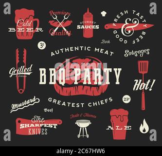 Ensemble de symboles rétro Vector Party barbecue. Icône de viande et de bière Typographie. Panneaux Steak, saucisse, Grill. Rouge sur fond sombre Illustration de Vecteur