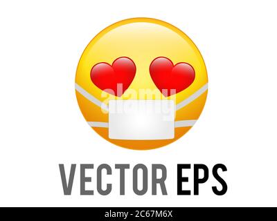 L'icône vecteur isolé jaune Happy face avec coeur rouge yeux plat et masque Illustration de Vecteur