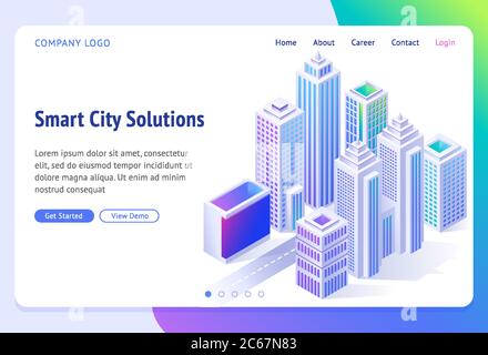 Bannière Smart City solutions. Ville futuriste isométrique avec gratte-ciel, bâtiments et route. Page d'accueil Vector pour le site Web de l'entreprise, innovation dans l'infrastructure urbaine Illustration de Vecteur