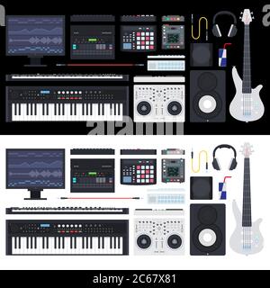 Kit d'instruments de musique, comprenant une guitare, un tambour, un clavier, un studio d'édition audio numérique pour la diffusion TV, des icônes vectorielles de spots publicitaires. Isolé sur Illustration de Vecteur