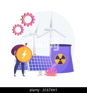 Réacteur atomique, moulin à vent et batterie solaire, métaphore du concept de vecteur de production d'énergie. Illustration de Vecteur