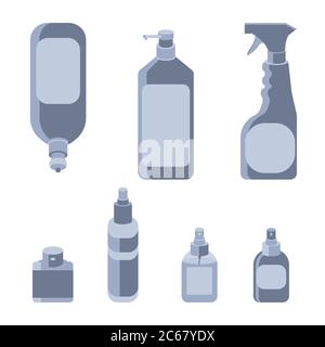 Maquette de l'ensemble d'autocollants sur fond blanc isolé. Flacons antiseptiques pour bannière sociale, promotion de l'hygiène, affiche médicale. Logo du magasin d'articles ménagers ou Illustration de Vecteur