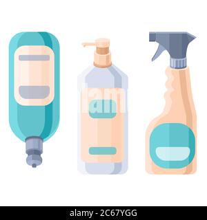 Ensemble d'autocollants désinfectez les bouteilles sur fond blanc isolé. Maquette antiseptique en spray pour la promotion de l'hygiène, affiche médicale. Magasin de biens ménagers ou guerre Illustration de Vecteur