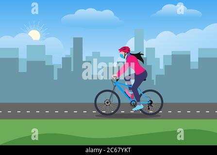 Une fille portant un masque et des gants à vélo sur une piste cyclable dans une zone urbaine illustration vectorielle conception plate Illustration de Vecteur