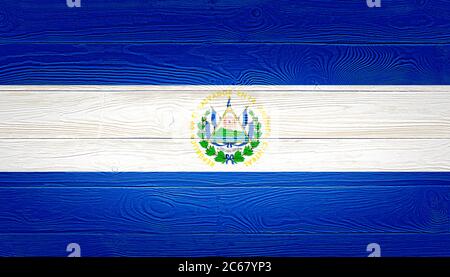 Drapeau El Salvador peint sur un arrière-plan de bois ancien. Texture bois brossé. Drapeau de fond de texture en bois d'El Salvador. Banque D'Images