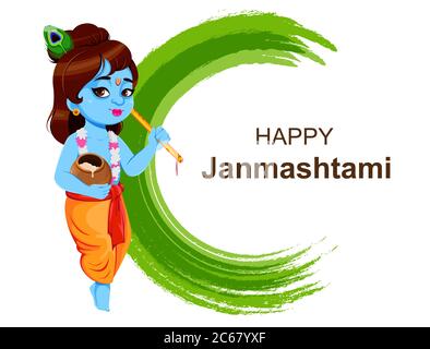 Heureux Krishna Janmaschtami, ensemble de trois poses. Seigneur Krishna avec flûte et pot. Bonne fête de Janmashtami en Inde. Illustration vectorielle isolée sur un Illustration de Vecteur