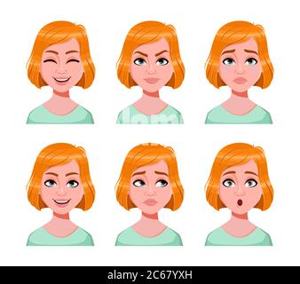 Visage des expressions de la femme adorable redhead. Différentes émotions féminines ensemble. Belle dame personnage de dessin animé. Illustration vectorielle sur fond blanc. Illustration de Vecteur