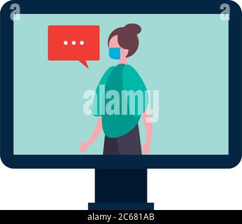 femme portant un masque médical sur un bureau avec une bulle de la parole caractère vecteur illustration design Illustration de Vecteur