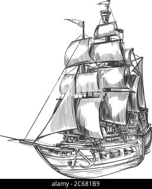 Rétro Old Ship vintage dessin vectoriel à la main dessin réaliste. Illustration de Vecteur