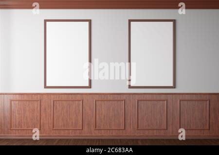 Deux affiches verticales blanches se montant sur un mur blanc dans un intérieur de style classique du salon moderne. illustration 3d Banque D'Images