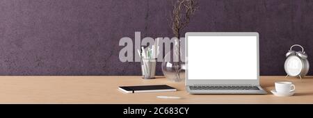 Espace de travail avec maquette d'ordinateur portable. Bureau en bois et mur violet. Vue avant. illustration 3d Banque D'Images