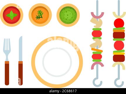 Couverts, viande et légumes sur brochettes, tomate, moutarde et sauce guacamole isolés à plat Illustration de Vecteur