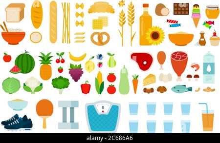 Ensemble de types d'icônes alimentaires à vecteur plat Illustration de Vecteur