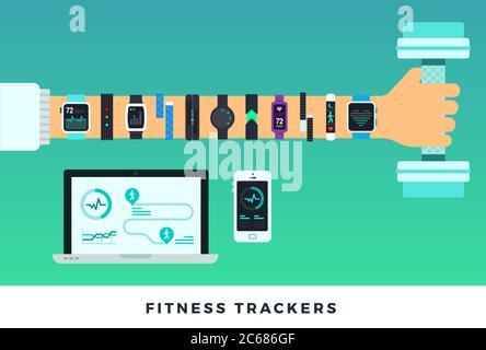 Des traqueurs de fitness sont à votre disposition avec haltères. Illustrations vectorielles plates. Style de vie sportif. Illustration de Vecteur