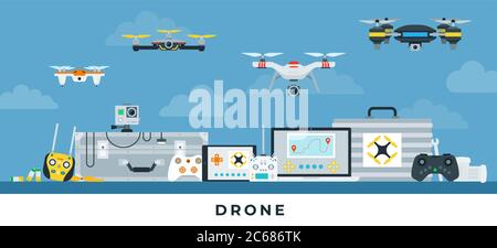 Illustration de quatre différents drones avec équipement de stockage, vecteur de gestion dans une conception plate Illustration de Vecteur