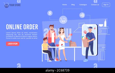 Commandez en ligne des produits alimentaires via la page d'accueil mobile Illustration de Vecteur