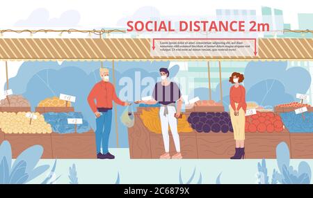 Les gens qui se cachent dans la distance sociale au marché alimentaire Illustration de Vecteur